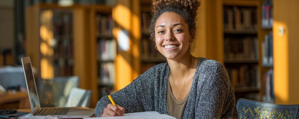 Smiling student writing in a notebook at a library table with a laptop.