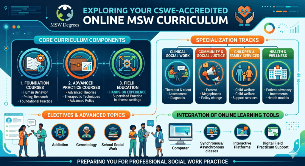 Infographic outlining cswe accredited online MSW curriculum, core courses, specializations, electives, and online learning tools.