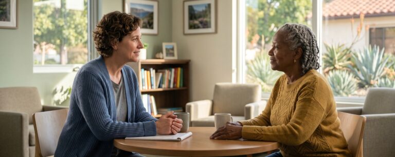 A social worker and a client sit at a table in a bright room, talking and smiling, with coffee mugs in front of them.