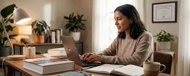 A woman sits at a desk typing on a laptop, surrounded by books and houseplants.